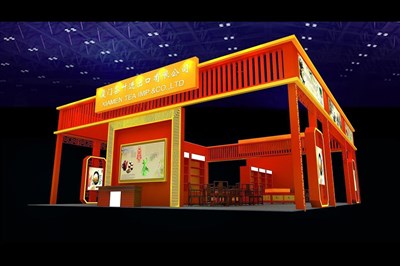 180平米展臺設(shè)計制作：四面開口/中式/木質(zhì)結(jié)構(gòu)/紅色，為茶博會展商而作（免費(fèi)使用）