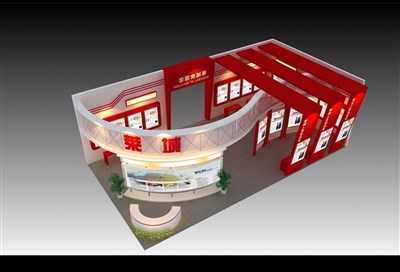 153平米展臺設計制作：三面開口/現(xiàn)代/木質(zhì)結(jié)構(gòu)/紅色，為成就招商展展商而作（免費使用）