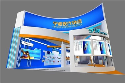 200平米展臺設(shè)計(jì)制作：三面開口/現(xiàn)代/木質(zhì)結(jié)構(gòu)/藍(lán)色，為交通物流展展商而作（免費(fèi)使用）