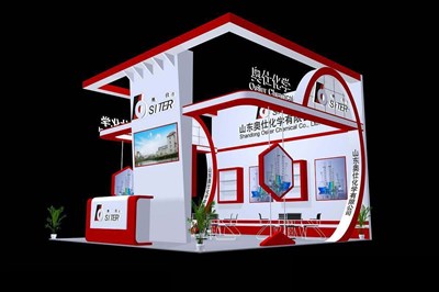 36平米展臺設計制作：三面開口/現(xiàn)代/木質(zhì)結構/紅色，為化工展展商而作（免費使用）