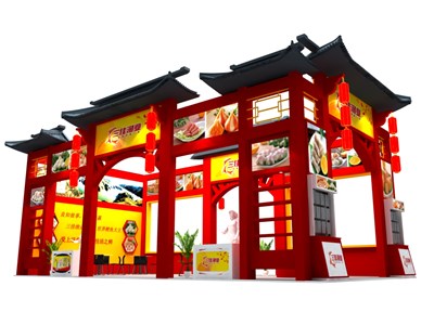 72平米展臺設(shè)計制作：二面開口/中式/木質(zhì)結(jié)構(gòu)/紅色，為漁博會展商而作（免費使用）