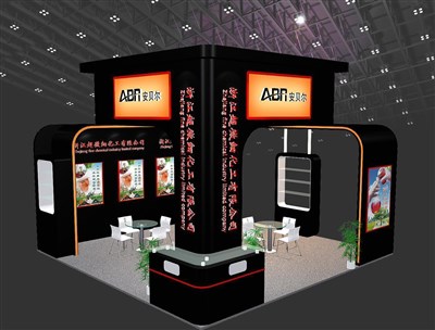 36平米展臺設(shè)計制作：三面開口/現(xiàn)代/木質(zhì)結(jié)構(gòu)/黑色，為化工展展商而作（免費使用）