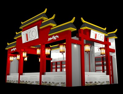 54平米展臺(tái)設(shè)計(jì)制作：二面開口/中式/木質(zhì)結(jié)構(gòu)/紅色，為糖酒展展商而作（免費(fèi)使用）