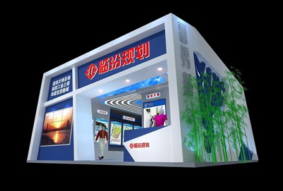 72平米展臺設計制作：一面開口/現代/木質結構/藍色，為成就招商展展商而作（免費使用）