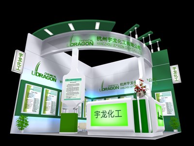 36平米展臺設(shè)計制作：二面開口/現(xiàn)代/木質(zhì)結(jié)構(gòu)/綠色，為化工展展商而作（免費使用）