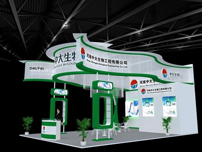 54平米展臺設計制作：三面開口/現(xiàn)代/型材結構/綠色，為醫(yī)藥展展商而作（免費使用）