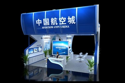 72平米展臺設計制作：二面開口/現代/木質結構/藍色，為交通物流展展商而作（免費使用）
