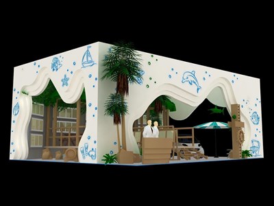108平米展臺設(shè)計制作：三面開口/現(xiàn)代/木質(zhì)結(jié)構(gòu)/白色，為廣告展展商而作（免費使用）