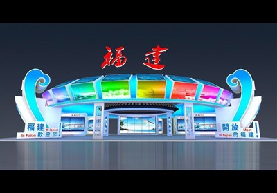 990平米展臺(tái)設(shè)計(jì)制作：四面開口/現(xiàn)代/木質(zhì)結(jié)構(gòu)/藍(lán)色，為旅游展展商而作（免費(fèi)使用）