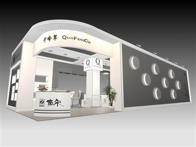 90平米展臺設(shè)計(jì)制作：二面開口/現(xiàn)代/木質(zhì)結(jié)構(gòu)/灰色，為工藝品展展商而作（免費(fèi)使用）