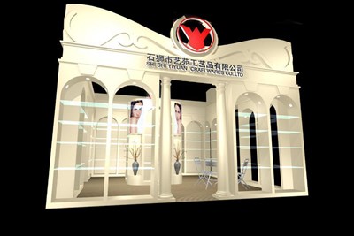 36平米展臺(tái)設(shè)計(jì)制作：二面開(kāi)口/歐式/木質(zhì)結(jié)構(gòu)/米色，為工藝品展展商而作（免費(fèi)使用）