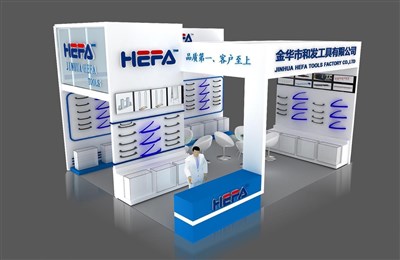 42平米展臺設計制作：三面開口/現(xiàn)代/木質結構/白色，為工具展展商而作（免費使用）