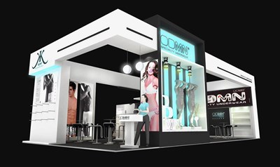 72平米展臺(tái)設(shè)計(jì)制作：三面開口/現(xiàn)代/木質(zhì)結(jié)構(gòu)/白色，為服裝展展商而作（免費(fèi)使用）