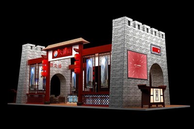90平米展臺(tái)設(shè)計(jì)制作：四面開(kāi)口/中式/木質(zhì)結(jié)構(gòu)/灰色，為旅游展展商而作（免費(fèi)使用）