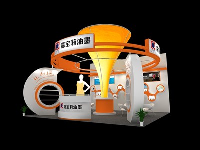36平米展臺(tái)設(shè)計(jì)制作：三面開口/現(xiàn)代/木質(zhì)結(jié)構(gòu)/橙色，為廣告展展商而作（免費(fèi)使用）