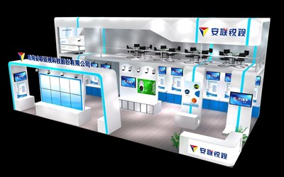 72平米展臺設(shè)計制作：三面開口/現(xiàn)代/雙層結(jié)構(gòu)/藍色，為安防展展商而作（免費使用）