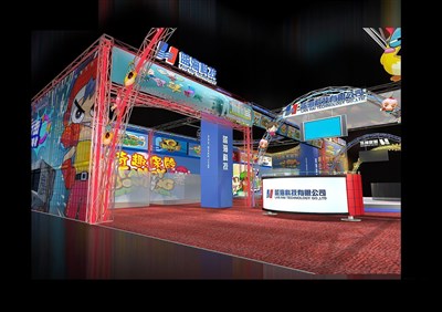 289平米展臺設計制作：三面開口/現代/木質結構/藍色，為游戲展展商而作（免費使用）