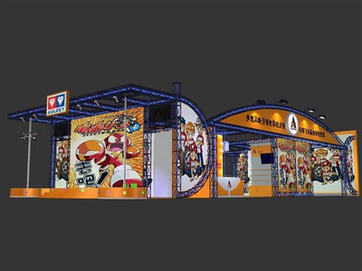 189平米展臺設(shè)計(jì)制作：三面開口/現(xiàn)代/桁架結(jié)構(gòu)/橙色，為游戲展展商而作（免費(fèi)使用）