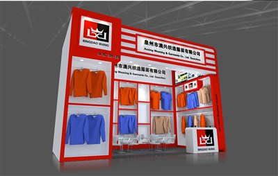 18平米展臺設計制作：一面開口/現(xiàn)代/木質結構/紅色，為服裝展展商而作（免費使用）