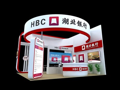 36平米展臺設計制作：三面開口/現(xiàn)代/木質結構/紅色，為金融展展商而作（免費使用）