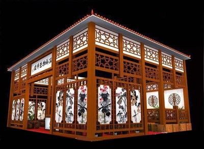 75平米展臺設計制作：三面開口/中式/木質結構/咖啡色，為工藝品展展商而作（免費使用）