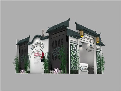 54平米展臺(tái)設(shè)計(jì)制作：一面開口/中式/木質(zhì)結(jié)構(gòu)/灰色，為寵物水族展展商而作（免費(fèi)使用）