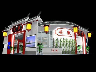 144平米展臺(tái)設(shè)計(jì)制作：四面開(kāi)口/中式/木質(zhì)結(jié)構(gòu)/白色，為旅游展展商而作（免費(fèi)使用）