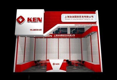 18平米展臺設計制作：一面開口/現(xiàn)代/木質結構/紅色，為工具展展商而作（免費使用）