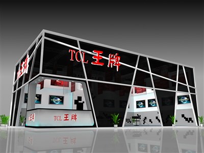 135平米展臺(tái)設(shè)計(jì)制作：二面開(kāi)口/現(xiàn)代/型材結(jié)構(gòu)/黑色，為家電展展商而作（免費(fèi)使用）