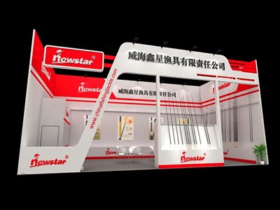 72平米展臺(tái)設(shè)計(jì)制作：一面開口/現(xiàn)代/木質(zhì)結(jié)構(gòu)/紅色，為釣具展展商而作（免費(fèi)使用）