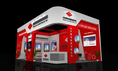 60平米展臺設計制作：二面開口/現代/木質結構/紅色，為建材展展商而作（免費使用）
