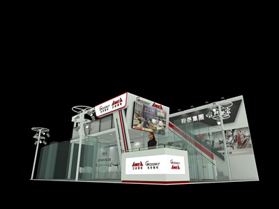 96平米展臺(tái)設(shè)計(jì)制作：二面開口/現(xiàn)代/木質(zhì)結(jié)構(gòu)/灰色，為機(jī)械展展商而作（免費(fèi)使用）