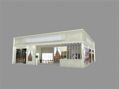 144平米展臺設(shè)計制作：二面開口/歐式/木質(zhì)結(jié)構(gòu)/灰色，為建材展展商而作（免費使用）