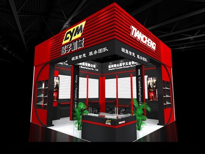 36平米展臺設(shè)計(jì)制作：二面開口/現(xiàn)代/木質(zhì)結(jié)構(gòu)/紅色，為五金展展商而作（免費(fèi)使用）