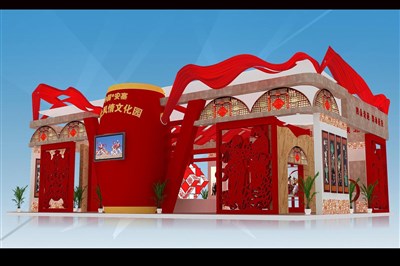 216平米展臺(tái)設(shè)計(jì)制作：四面開口/現(xiàn)代/木質(zhì)結(jié)構(gòu)/紅色，為文博會(huì)展商而作（免費(fèi)使用）