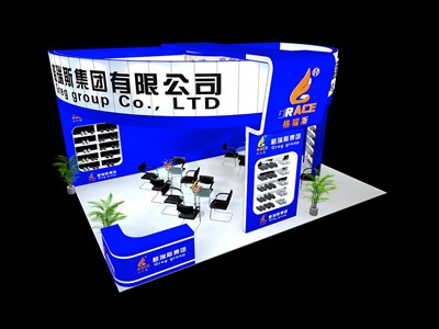 54平米展臺設(shè)計制作：三面開口/現(xiàn)代/木質(zhì)結(jié)構(gòu)/藍(lán)色，為鞋箱包展展商而作（免費使用）