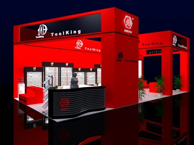 72平米展臺設計制作：三面開口/現(xiàn)代/木質(zhì)結(jié)構(gòu)/紅色，為五金展展商而作（免費使用）