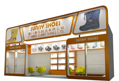 27平米展臺(tái)設(shè)計(jì)制作：一面開(kāi)口/現(xiàn)代/木質(zhì)結(jié)構(gòu)/橙色，為鞋箱包展展商而作（免費(fèi)使用）
