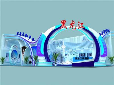 135平米展臺設(shè)計制作：三面開口/前衛(wèi)/型材結(jié)構(gòu)/藍(lán)色，為文博會展商而作（免費使用）