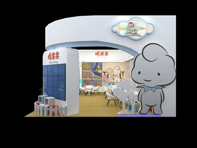 54平米展臺設計制作：二面開口/卡通/木質(zhì)結(jié)構(gòu)/紫色，為嬰幼展展商而作（免費使用）