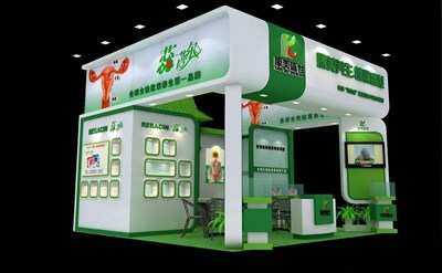 36平米展臺設(shè)計(jì)制作：三面開口/現(xiàn)代/木質(zhì)結(jié)構(gòu)/綠色，為美博會展商而作（免費(fèi)使用）