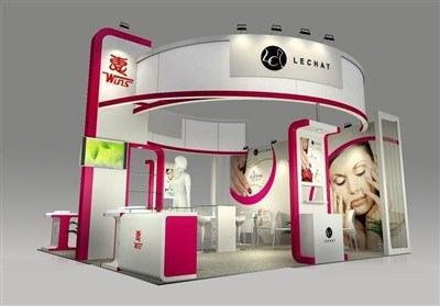 36平米展臺設計制作：三面開口/現(xiàn)代/木質(zhì)結(jié)構/粉色，為美博會展商而作（免費使用）