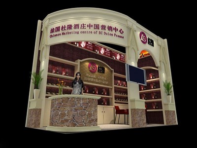 18平米展臺設計制作：二面開口/歐式/木質(zhì)結構/米色，為糖酒展展商而作（免費使用）