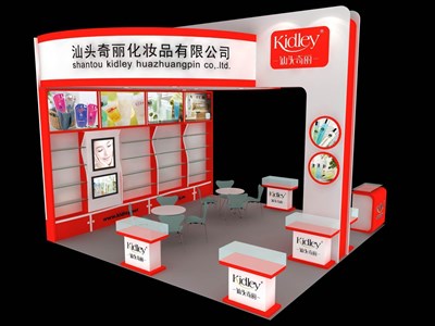 36平米展臺(tái)設(shè)計(jì)制作：三面開口/現(xiàn)代/木質(zhì)結(jié)構(gòu)/紅色，為美博會(huì)展商而作（免費(fèi)使用）