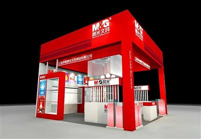 36平米展臺設(shè)計制作：三面開口/現(xiàn)代/木質(zhì)結(jié)構(gòu)/紅色，為文具圖書展展商而作（免費使用）