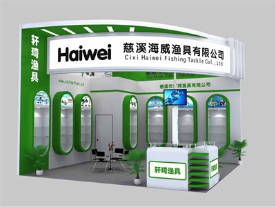 36平米展臺設計制作：二面開口/現(xiàn)代/木質(zhì)結構/綠色，為釣具展展商而作（免費使用）