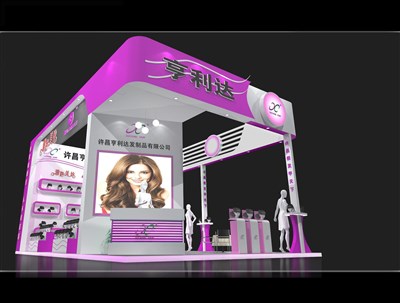 54平米展臺設(shè)計(jì)制作：三面開口/現(xiàn)代/木質(zhì)結(jié)構(gòu)/紫色，為美博會展商而作（免費(fèi)使用）