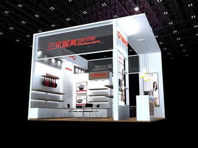 36平米展臺設(shè)計制作：二面開口/現(xiàn)代/木質(zhì)結(jié)構(gòu)/白色，為日用品展展商而作（免費使用）