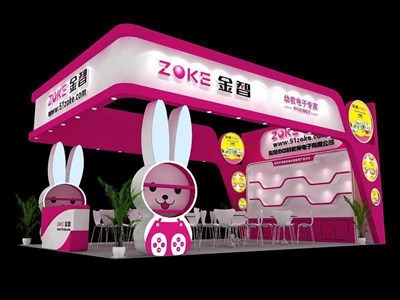 54平米展臺設(shè)計制作：三面開口/卡通/木質(zhì)結(jié)構(gòu)/粉色，為文具圖書展展商而作（免費(fèi)使用）