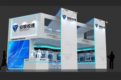 72平米展臺設計制作：二面開口/現代/木質結構/藍色，為安防展展商而作（免費使用）